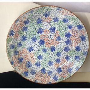 Pier 1 Floral Hand Painted Saucer Plate Bowl Blue, Peach, Green Floral Japan